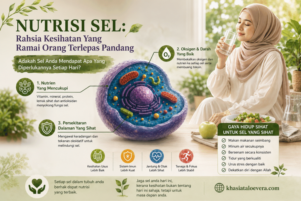 Nutrisi sel melalui pemakanan seimbang, Aloe Vera Gel, Omega-3 Plus dan vitamin harian membantu menyokong kesihatan tubuh.