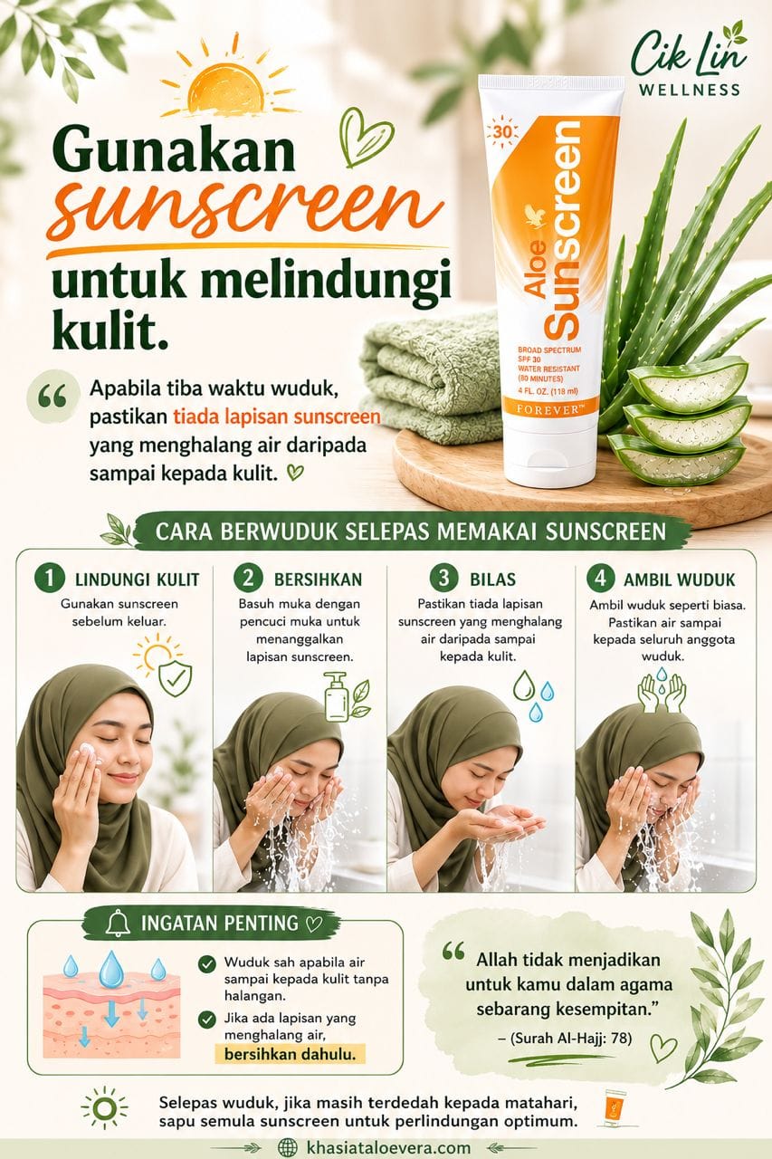 Ilustrasi menunjukkan sunscreen pelindung kulit dan cara membersihkan sunscreen sebelum berwuduk