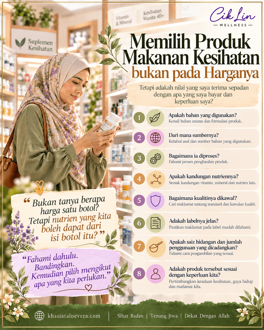 ilustrasi menunjukkan faktor pemilihan produk makanan kesihatan semulajadi.