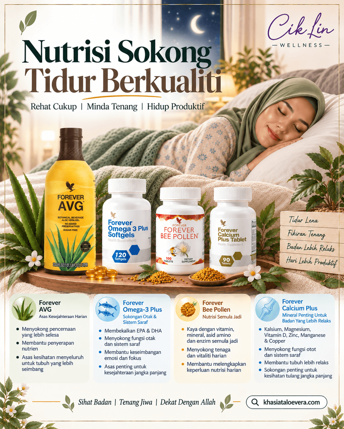 Ilustrasi menunjukkan pakej nutrisi sokong tidur berkualiti.