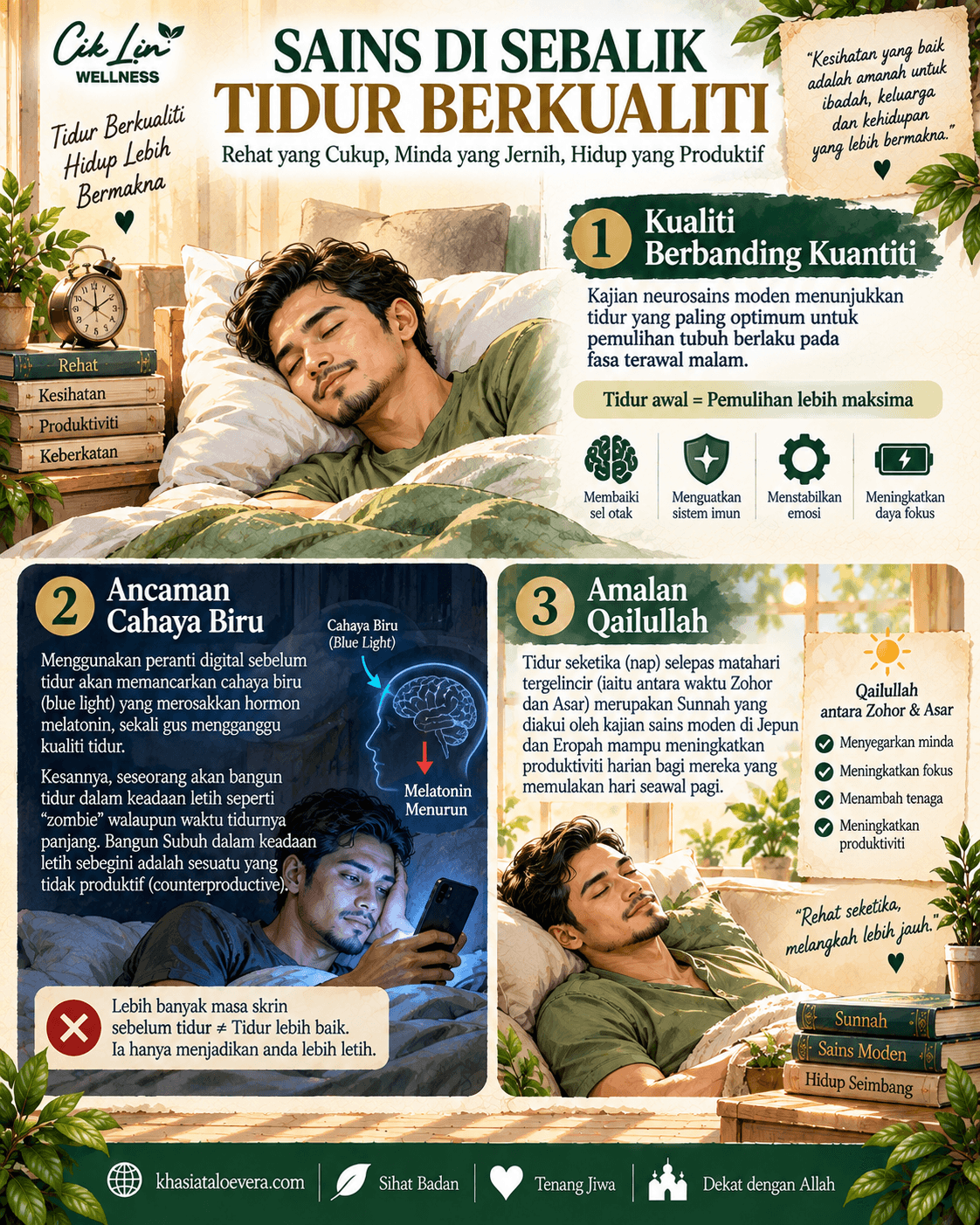 Ilustrasi menunjukkan kepentingan tidur yang berkualiti untuk menjaga kecergasan fizikal sebagai tuntutan menunaikan amanah tubuh.